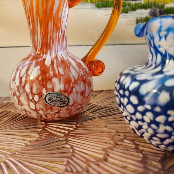 Blown Glass Orange Blue White Speckle Pitcher Vases Rainbow Glass - Picture 8 of 11